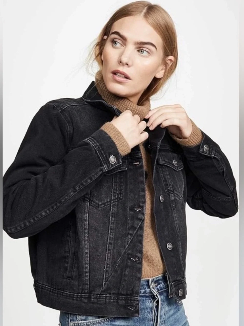 Free People Womens Large Black Denim Trucker Jacket Rumors Y2K